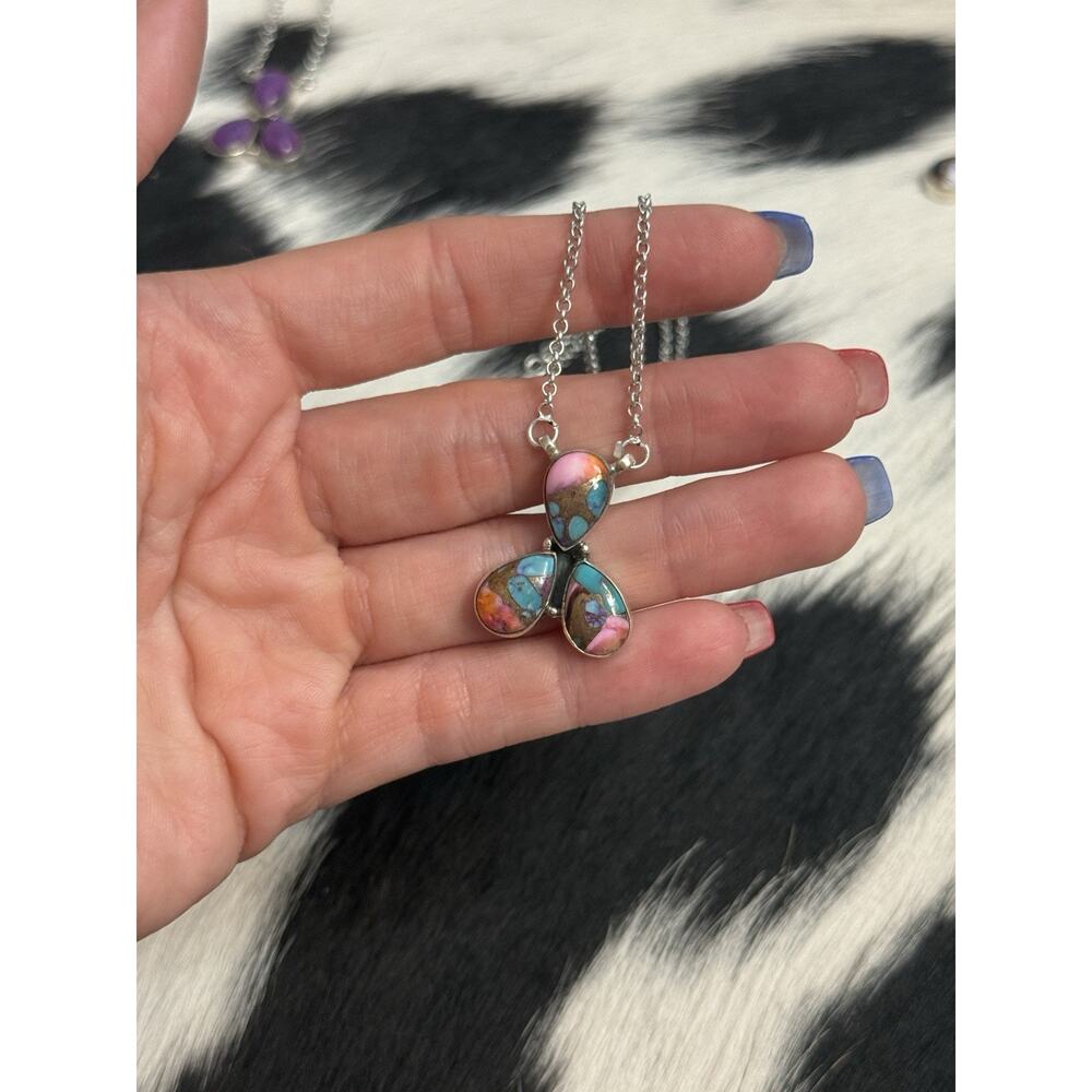 Native American Southwest Sterling Silver 3 Stone Purple Ice Dahlia Bar Necklace